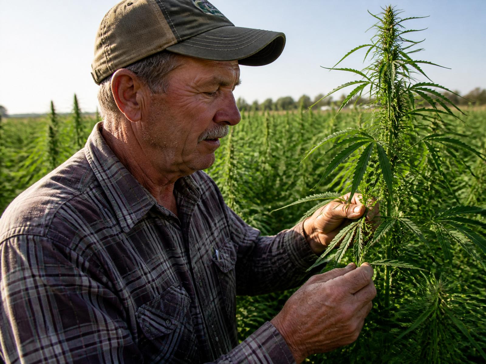 Farmer inspecting hemp plants in the field