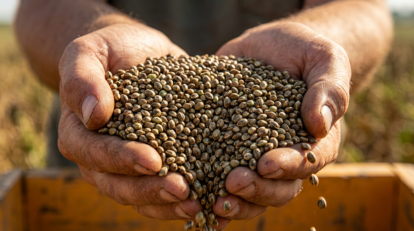 Farmer's hands cupping freshly harvested hemp seed
