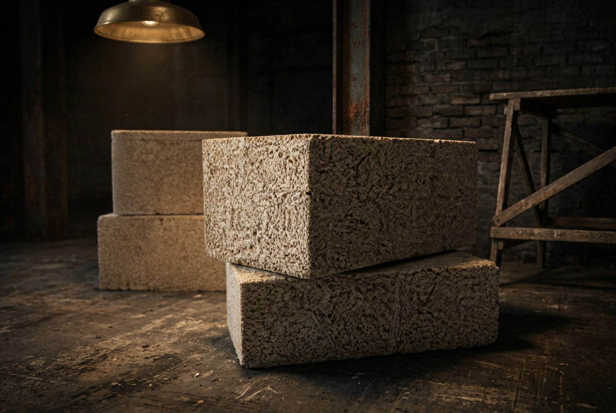 Hempcrete building blocks made from hemp hurd and lime
