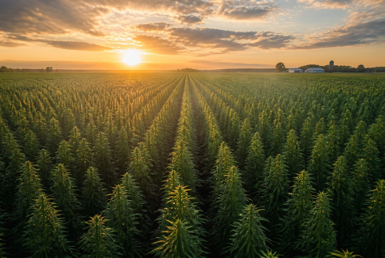 Rows of industrial hemp at golden hour in the Illinois Valley