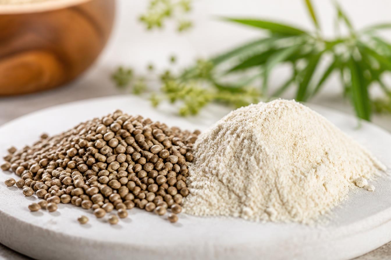Raw hemp seeds next to white hemp protein powder